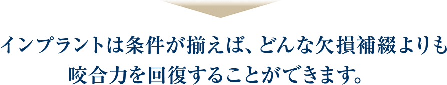 インプラントは条件が揃えば、どんな欠損補綴よりも咬合力を回復することができます。